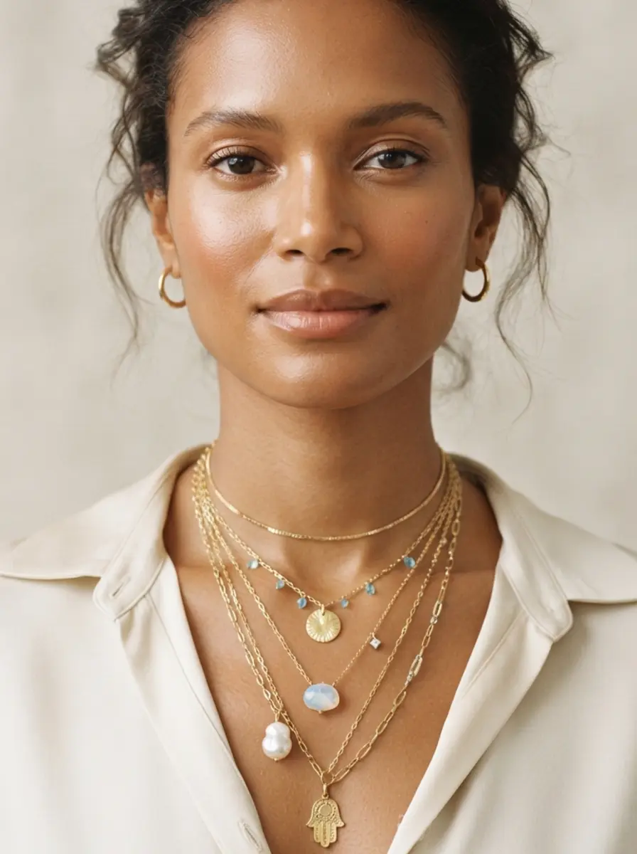Modelo con collares dorados superpuestos de The Luxury Minerals