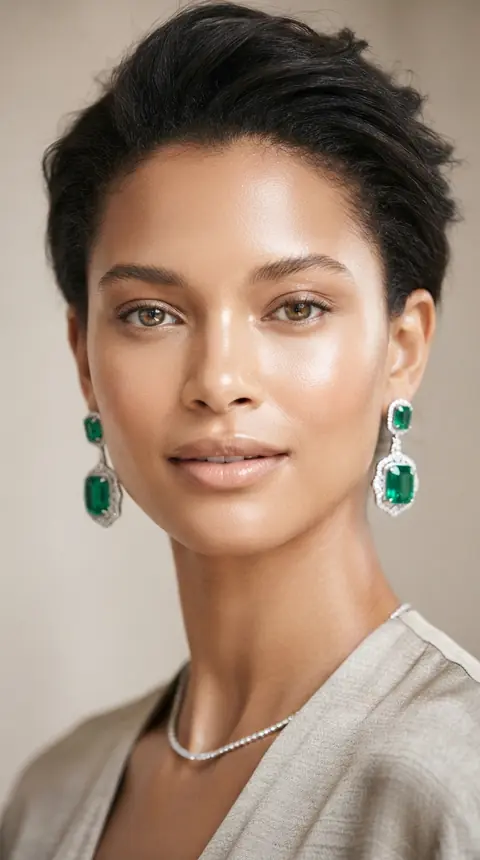 Modelo con aretes de piedra verde