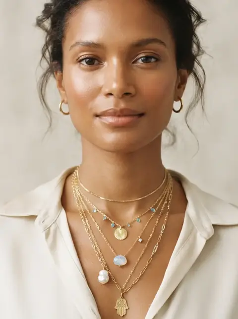 Modelo con collares y cadenas doradas